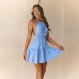 Summer Womens French Style Sexy Backless Dress Halter Neck Sweet A Line Silhouette Lightweight F