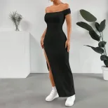 Elegant Black Off Shoulder Midi Dress Sexy Split Design Spring Summer Fashion Wholesale Availabl
