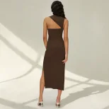 Summer Womens Dress Slim Fit Waist Design Side Slit Elegant Style Brown Available in S to XL Wholesale