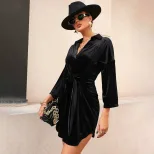 Elegant Velvet Bodycon Dress Long Sleeve Lapel Collar Waist Tie Office Wear Formal Events Wholes