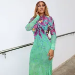 Vintage Floral Print Bodycon Dress High Neck Long Sleeve Slim Fit Elegant Style for Parties and