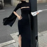Black Fishtail Dress Slim Fit High Neck Hollow Out Side Split Elegant Evening Wear Wholesale Ava