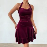 Velvet Halter Mini Dress Sexy Elegant Comfortable Spring Summer Party Wear Wholesale Available
