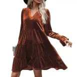 Elegant Long Sleeve Velvet Dress Solid Color Versatile Design Perfect for Parties Wholesale Avai