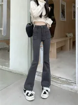速卖通牛仔裤女2023春季新款韩版学生高腰弹力修身显瘦拖地直筒裤