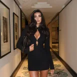 Sexy Womens Bodycon Dress Round Neck Long Sleeve Hollow Chest Design Stylish Metallic Accents Hi