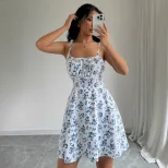 Floral Print Short Dress Summer Style Square Neck Sleeveless Lightweight Fabric Perfect for Casu