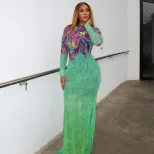 Vintage Floral Print Bodycon Dress High Neck Long Sleeve Slim Fit Elegant Style for Parties and