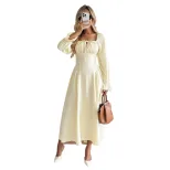 Womens A Line Long Sleeve Dress Square Neck Tie Waist Pleated Flattering Fit Elegant Casual Wear