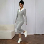 Korean Style Casual Long Sleeve Shirt Dress Color Block Design Slim Fit Lightweight Fabric Sprin