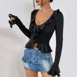 Womens Y2K Ruffled Crop Top Slim Fit Long Sleeve Trendy Design Spring Summer Fashion Wholesale A