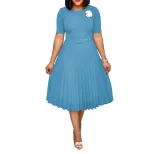 Plus Size Womens Summer Dress Belted Pleated Round Neck Mid Length Casual or Formal Occasions Wh