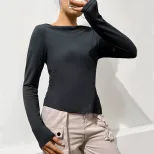 Womens Long Sleeve Solid Color Top Slim Fit Irregular Split Design Spring Summer Casual Wear Who