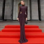 High Neck Long Sleeve Dress Solid Color Ruffled Design Hollow Out Elegant Style Perfect for Autu