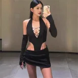 Womens Fashionable Hollow Out Halter Neck Two Piece Set Sexy Design Autumn Style European and Am