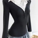 Summer Womens Fashion V Neck Long Sleeve Top Slim Fit Versatile Style Lightweight Fabric Ready t