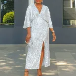 Plus Size Womens Long Dress Loose Fit V Neck Fashionable Sequins Side Slit Autumn Collection Who