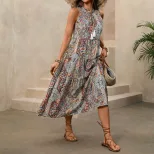 Vintage Bohemian Print Sleeveless Dress Stand Collar Drawstring Waist Relaxed Fit Perfect for Su