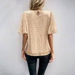 Womens Vintage Style Gold Sequin T Shirt Round Neck Flared Sleeve Casual Wear