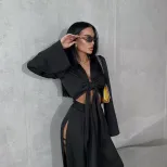 Fashionable Long Sleeve Tie Front Crop Top and Hollow Out Split Leg Pants Set Street Style Whole