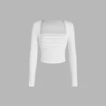 Long Sleeve Knit Top Square Neck Fitted Pleated Design Autumn Winter Fashion for Women Ready to