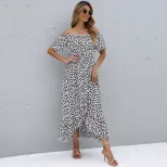 Vintage Floral Print Asymmetrical Off Shoulder Dress Short Sleeve Sweet Style Summer Wear Wholes