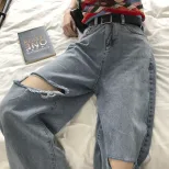2023春夏新款网红膝盖破洞牛仔裤女阔腿长裤直筒裤宽松拖地裤潮