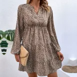 Short Ruffled Leopard Print Dress Long Sleeve Elegant Design Spring Fall Fashion Wholesale Avail