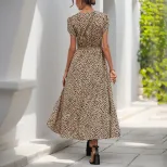 Elegant Leopard Print Maxi Dress with Lace Trim V Neck Flowy Silhouette Versatile Style Perfect
