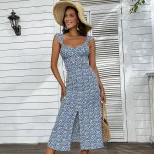 Floral Print Maxi Dress Sweet Country Style Sleeveless High Slit Lightweight Fabric Summer Casua