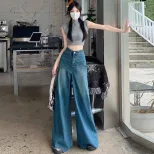 复古阔腿牛仔裤裙女春季新款高腰显瘦设计感毛边宽松喇叭裤子