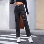 Slim Fit Ripped Straight Leg Jeans Womens Casual Denim Trousers Trendy for Everyday Wear Ready t