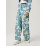 Womens Vintage Floral Print Straight Leg Jeans High Quality Denim Casual Wear Wholesale Availabl