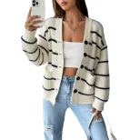 Womens Loose Fit Striped Knit Cardigan V Neck Long Sleeve Soft Fabric Spring Summer Fashion Whol