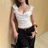 Spring Womens Slim Fit V Neck Crop Top Ruffle Hem Solid Color Sexy Style Versatile for Casual or