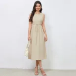 Elegant Casual Dress with Waist Tie and Pleated Back Slim Fit Stylish Design Perfect for Spring