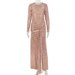 A Line Dress Ruffled Design Tie Detail Long Sleeve Round Neck Casual Vacation Wear Wholesale Ava