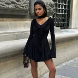 Chiffon A Line Dress Long Sleeve V Neck Ruffle Trim Slim Fit Fashionable for Parties or Casual E