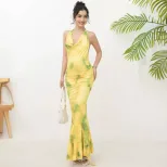 French Style Long Floral Dress Womens Sleeveless Deep V Neck Elegant Fit Perfect for Parties and