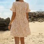 Floral Print Ruffle Hem Dress Sweetheart Neckline Short Sleeves Summer Style Perfect for Vacatio