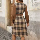 Vintage Plaid Patchwork Dress Autumn Winter Collection Professional Style for Office Wear Wholes
