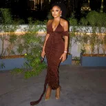 Casual V Neck Long Dress Solid Color Bodycon Fit Ruched Design Unique Style Perfect for Parties