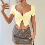 Deep V Short Crop Top Sexy Knot Design Ruffled Fabric Trendy Style Perfect for Parties and Night