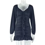 Casual Womens Dress Solid Color Ruffled Hem U Neck Long Sleeve Bodycon Fit Perfect for Parties o