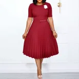 Plus Size Womens Summer Dress Belted Pleated Round Neck Mid Length Casual or Formal Occasions Wh
