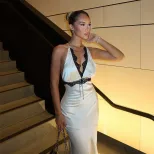 欧美性感气质名媛风V领挂脖蕾丝拼接缎面质感收腰显瘦连衣裙长裙