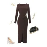 Slim Fit Knitted Dress for Women Deep Brown Color Asymmetrical Neckline Metal Ring Detail Side S