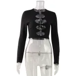 Street Style Womens Top Fashionable Solid Color Long Sleeve Hollow Design Round Neck Metallic Ri