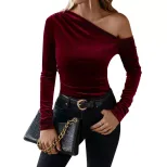 Velvet Off Shoulder Top Slim Fit Long Sleeve Solid Color Elegant for Parties and Events Wholesal