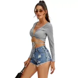 Casual Womens T Shirt Slim Fit Sexy V Neck Drawstring Design Trendy Everyday Wear Wholesale Avai